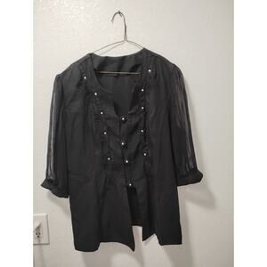Elegant Chiffon Embrodery Black Blouse 3/4 Sleeve (SEE Photos For Meassurements)